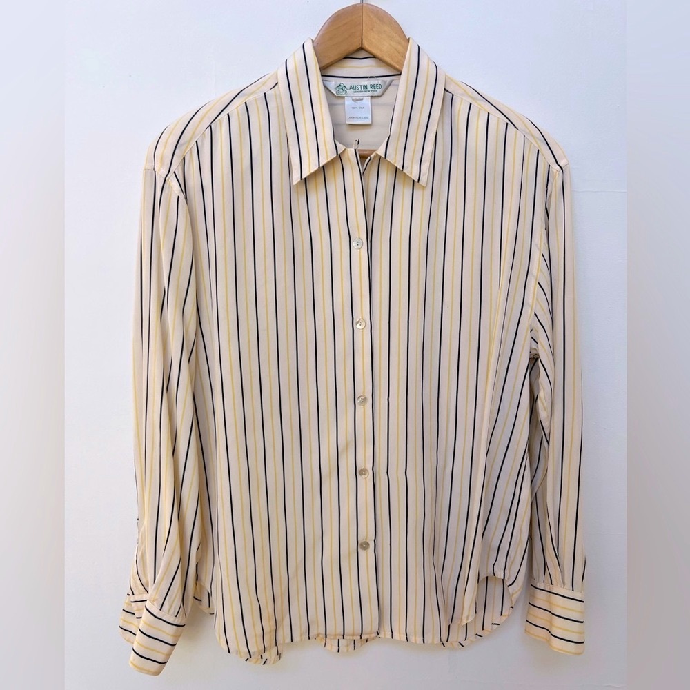 Vintage (M) Austin Reed Silk Button Down Shirt - Yellow White Black Striped Top